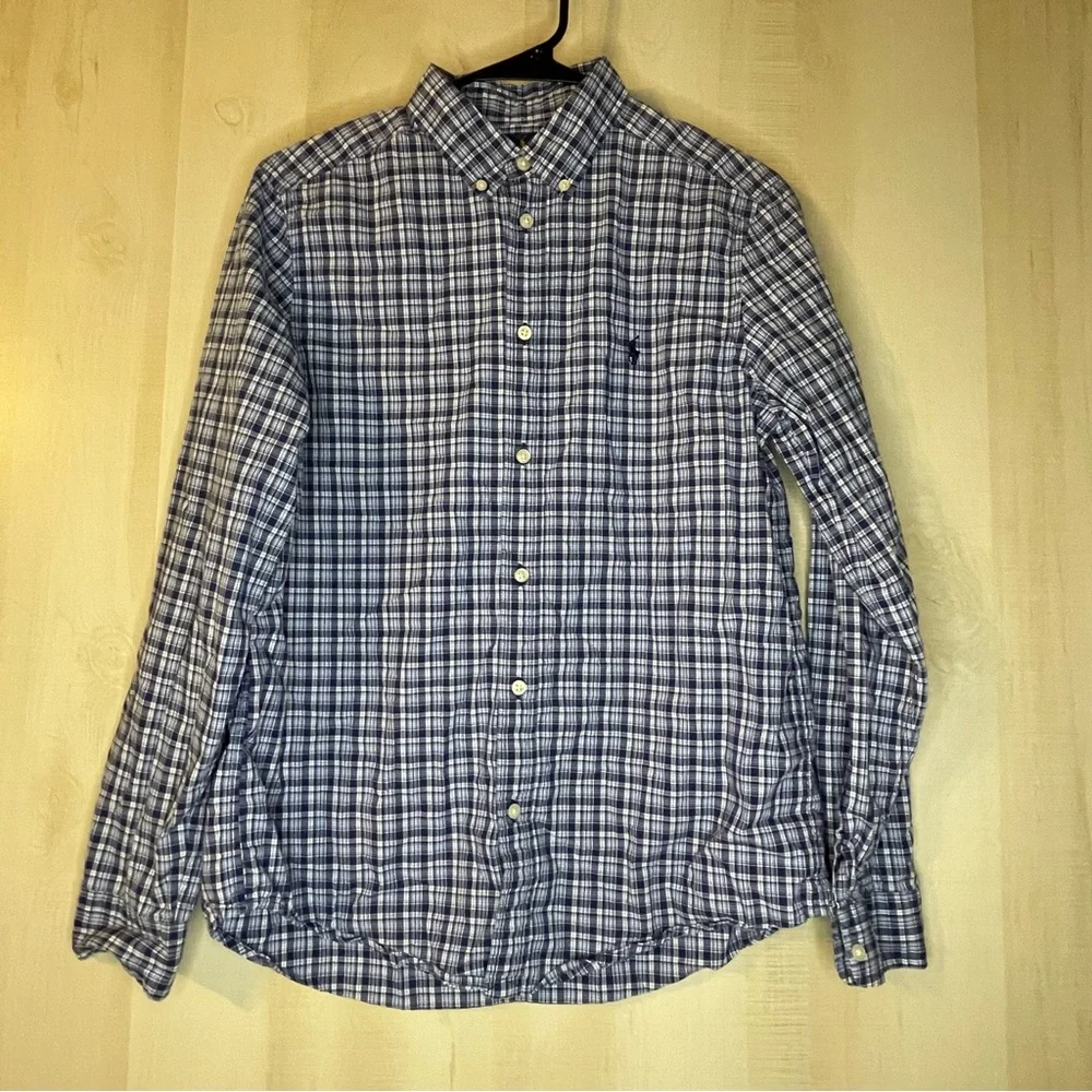 Ralph Lauren blue white plaid long sleeve button front shirt size XL Youth 18/20